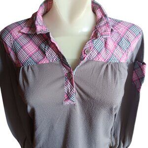Small Vtg Boho Top Plaid Patchwork Long-Sleeve Shirt Upper Level 1970's Thin